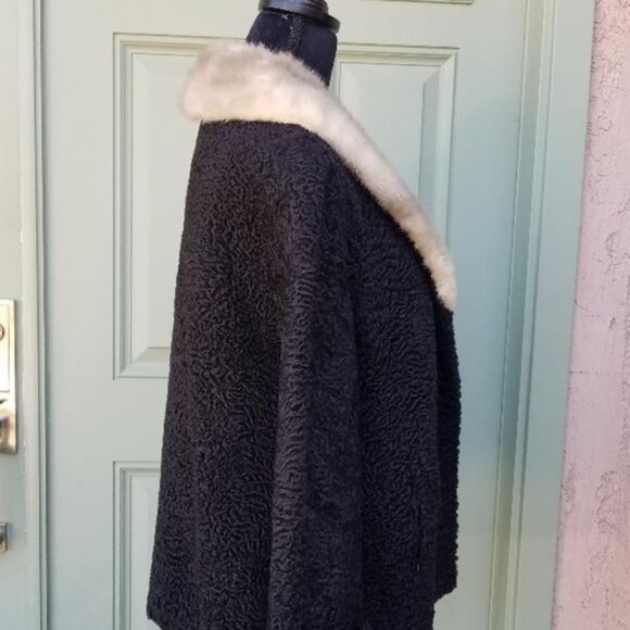 Vtg 1960's Black Broadtail Persian Lamb Fur Jacket with Grey Mink Fur Collar - Picture 4 of 16